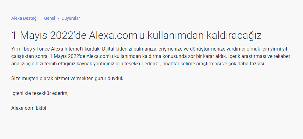 1 Mayıs 2022'de Alexa.com'u kullanımdan kaldıracağız